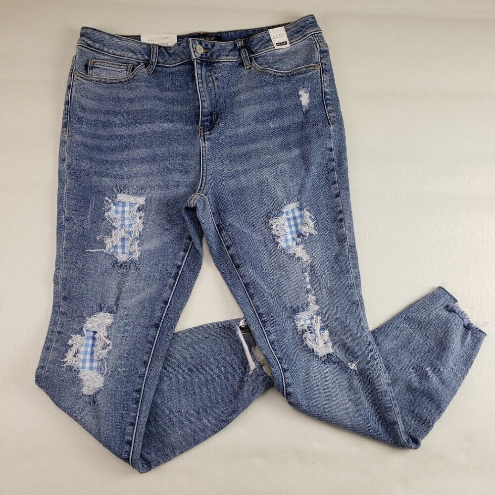 Judy Blue Gingham Distressed Jean Womens 15/32 Blue Raw Hem High Rise Skinny NEW